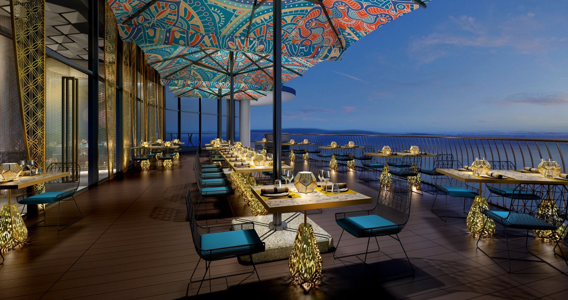 The Alijiang dining room — turquoise banquettes, gold lattice, hanging lanterns
